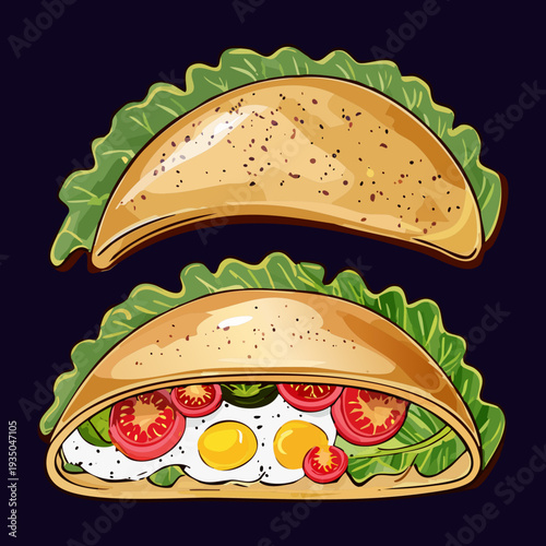 Two pita pockets filled with eggs tomatoes and fresh greens served on a dark circular plate - Vector Illustration