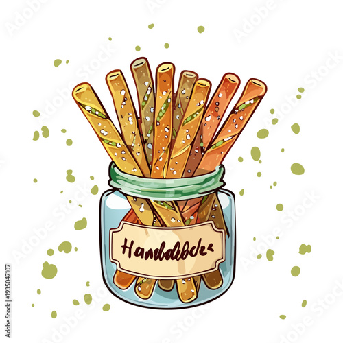 Glass jar filled with savory breadsticks or snacks on a light decorative surface for a party - Vector Illustration