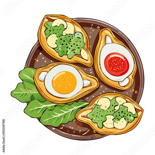 Assortment of savory appetizers including egg toasts and stuffed pastries on a green plate for brunch - Vector Illustration