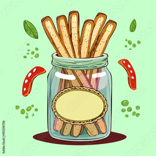 Jar of crispy breadsticks garnished with herbs and spices for a gourmet snack presentation on green - Vector Illustration