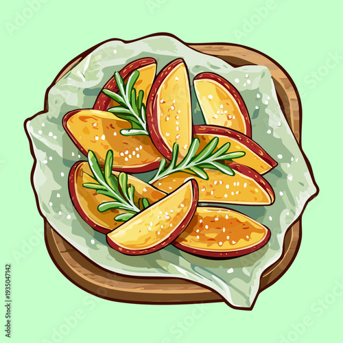 Wooden board holding golden brown potato wedges with herb garnish for a rustic appetizer on green - Vector Illustration