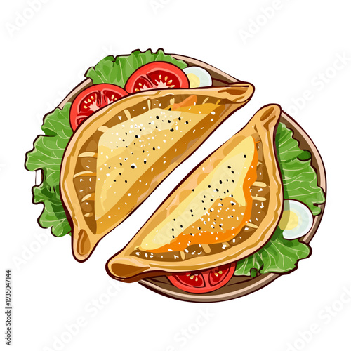 Two pieces of toasted bread or calzone with fresh tomatoes and herbs on a green tile - Vector Illustration