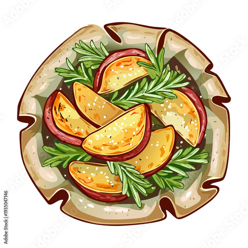 Plate of roasted potato wedges with fresh herbs and spices served on a green circular dish - Vector Illustration