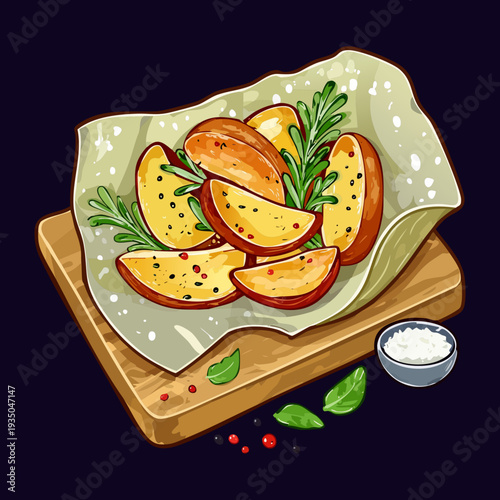 Small tray of baked potato wedges with herbs served on a dark background for snack time - Vector Illustration