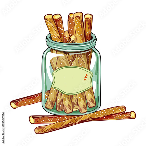 Tall glass container of savory snacks or crackers for a snack table on a dark surface - Vector Illustration