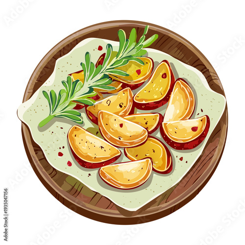 Circular plate of crispy roasted potato wedges with rosemary and herbs on a light green tile - Vector Illustration