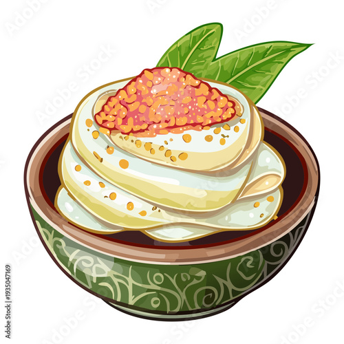Bowl of creamy dessert or dip topped with red berries on a green circular plate - Vector Illustration
