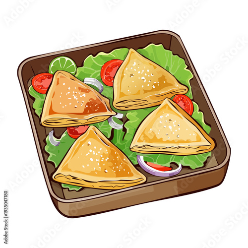 Tray of four savory vegetable turnovers or pastries with a side of sauce on green - Vector Illustration