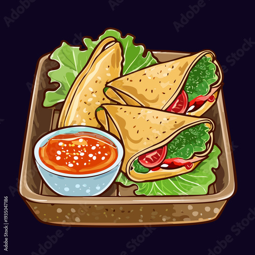 Three vegetable pastries or samosas served with a side of red dipping sauce on dark - Vector Illustration