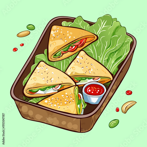Square platter of mini vegetable wraps or pastries with fresh lettuce and dipping sauce on dark - Vector Illustration