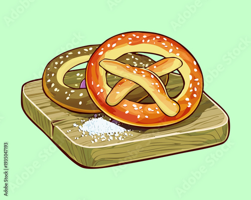 Traditional salted pretzels served on a wooden board for a snack on a light green base - Vector Illustration