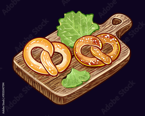 Dark wooden board holding three golden brown pretzels for a rustic snack on a black surface - Vector Illustration