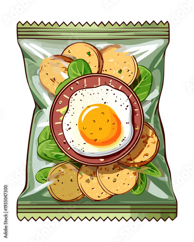 Snack bag of potato chips featuring a fried egg illustration for a unique food product - Vector Illustration