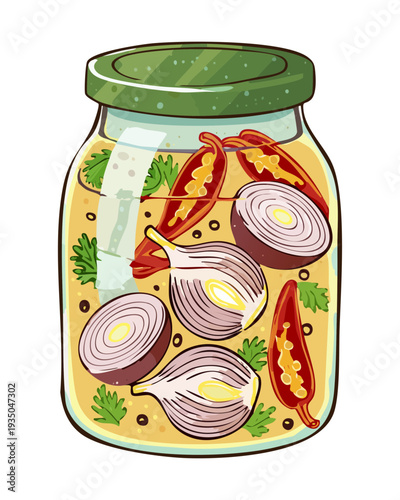 Preservation jar filled with pickled onions and peppers on a light green circular base - Vector Illustration