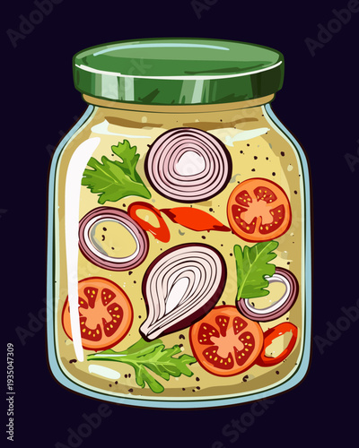 Mason jar of pickled red and white onions with herbs on a dark surface - Vector Illustration