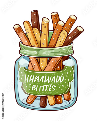 Jar of crispy breadsticks with herbal seasoning served on a light green tile - Vector Illustration