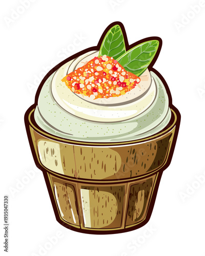 Small bowl of creamy pudding or mousse topped with white foam and green leaves - Vector Illustration