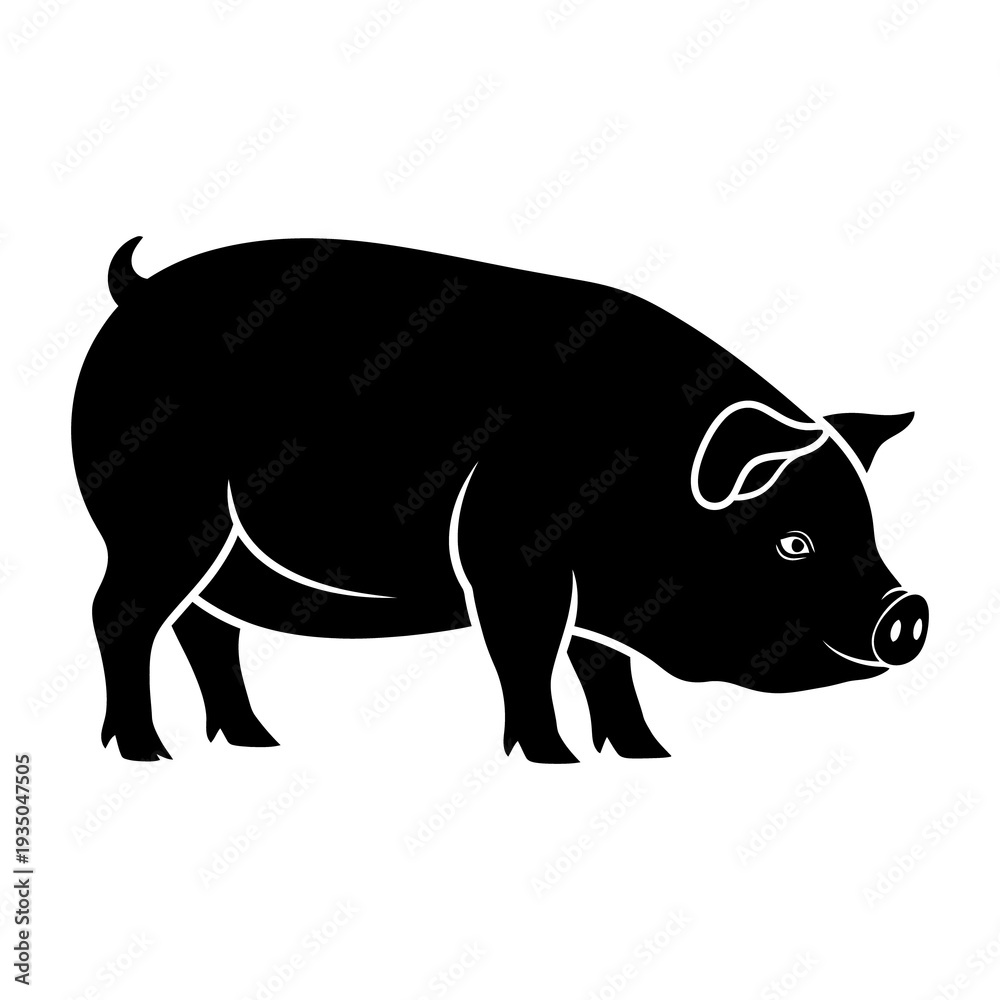 Fototapeta premium A black silhouette of a pig standing on all fours with a curly tail.