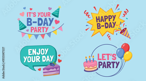 Colorful birthday party celebration graphics set with cake balloons hats and text