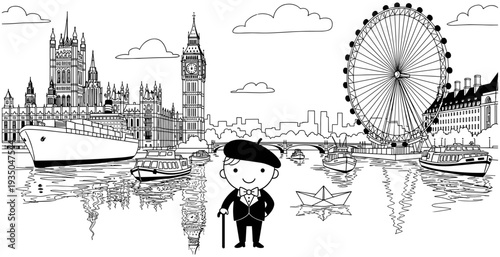 London Skyline Line Art Illustration Featuring Big Ben London Eye River Thames And Cute British Character Cartoon Vector Sketch Design