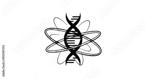 Abstract scientific illustration of DNA helix with orbiting atomic structure on white background.