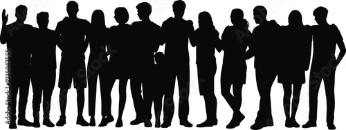 Large group of people standing together silhouettes, diverse crowd community teamwork concept, men and women unity vector illustration isolated