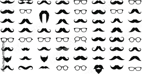 Large collection of black silhouette mustache beard and glasses icons for men fashion barbershop hipster style and masculine grooming design.