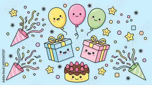 Cute Kawaii Birthday Party Elements with Happy Balloons Gifts Cake and Confetti