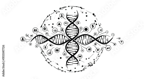 Abstract representation of DNA helix intertwined with digital network of human connection and communication icons.