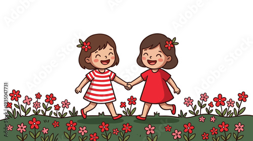 Smiling little girls holding hands walking in a blooming flower garden