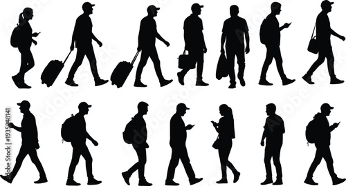 Travelers walking silhouettes set with backpacks, luggage bags and mobile phones people travel activity vector illustration isolated collection