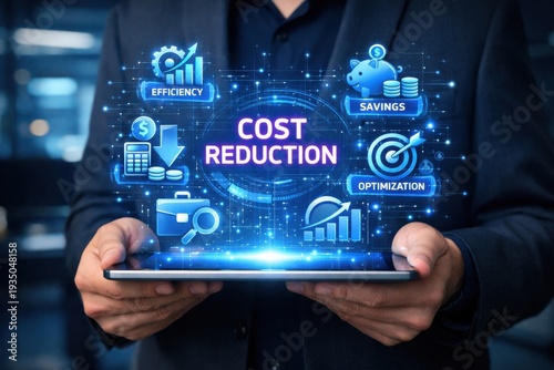 Cost Reduction Strategy: A professional in a sleek suit holds a digital tablet displaying an innovative concept, radiating energy and intelligence. Visualizing concepts of saving and optimization.