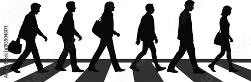 Pedestrians crossing street silhouettes, people walking on zebra crossing crosswalk scene, urban city traffic safety concept, black vector illustration