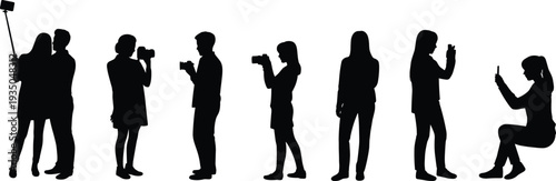 People taking photos silhouettes with smartphones and cameras, tourists and vloggers recording moments vector illustration isolated on white background