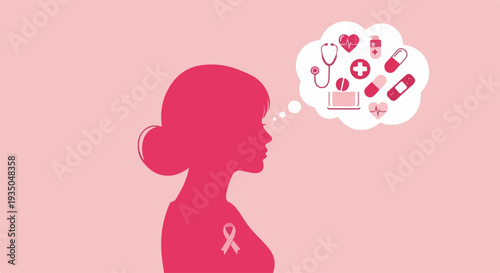 Pink Silhouette of Woman with Breast Cancer Awareness Ribbon Thinking About Medical Icons