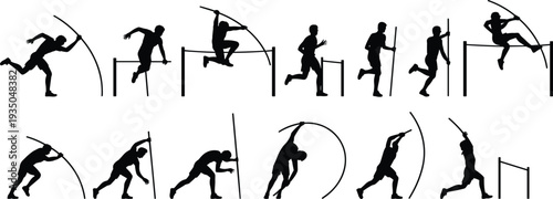Pole vault athlete silhouettes set, track and field jumping poses collection, sports training action sequence, black vector illustration isolated