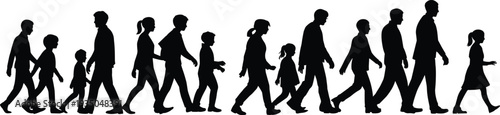 People walking silhouettes collection, men women and children walking poses, crowd movement side view, human figures black vector illustration