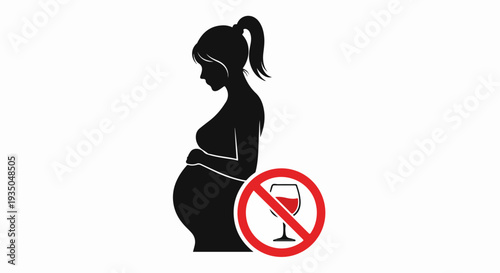 Pregnant Woman Silhouette with No Alcohol Sign Vector Illustration