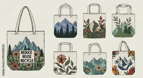 Set of 7 Eco-Friendly Canvas Tote Bags Mockup with Nature Prints