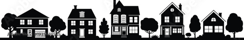 Residential houses skyline silhouettes with trees, suburban homes neighborhood street vector illustration isolated on white background for real estate design