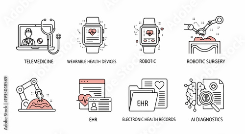 Set of 8 Modern Healthcare Technology Line Icons Vector