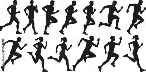 Running men and women silhouettes set, marathon runner poses collection, athlete sprint action figures, jogging fitness training vector isolated illustration