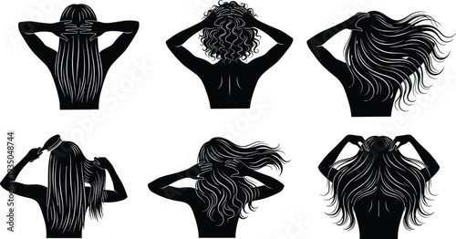 Women hair care silhouettes set showing brushing, styling and touching long, curly and wavy hair beauty salon concept vector illustration