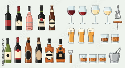 Alcoholic Beverage Bottles and Glasses Vector Set