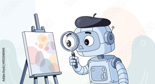 A cartoon robot wearing a beret and holding a magnifying glass intently examines an abstract painting on an easel, blending technology with artistic appreciation.