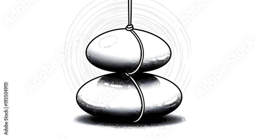 Two oval-shaped objects, possibly stones or weights, tied together and suspended by a string in a black and white illustration.