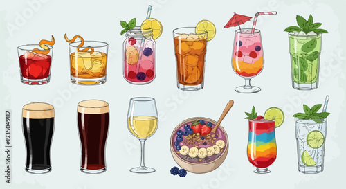 Set of 12 Various Alcoholic and Non-Alcoholic Drinks and Smoothie Bowl Vector Illustration