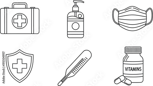 Collection of medical and health icons including first aid kit hand sanitizer mask shield thermometer and vitamins for healthcare and wellness concepts isolated on white background