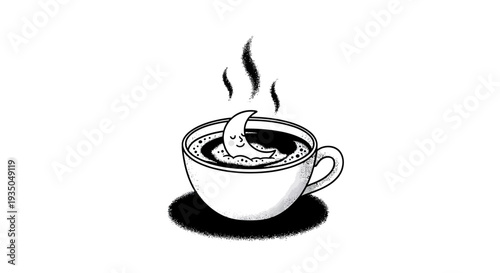 A whimsical black and white illustration of a smiling crescent moon floating in a steaming cup of coffee, symbolizing a cozy night drink.