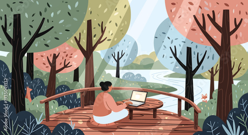 An illustration of a person working on a laptop on a wooden deck overlooking a serene river surrounded by colorful trees under dappled sunlight.